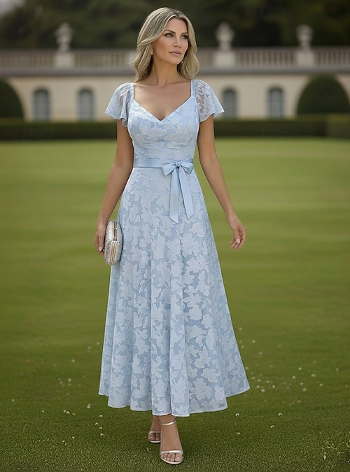 A-Line Dress Ankle Length Tea Length Cocktail Dress Wedding Guest Dress  Mother of the Bride Dress Short Sleeve V Neck Elegant Casual Pastel Formal  Jacquard with Bow(s) 2026 - OMR 70.39