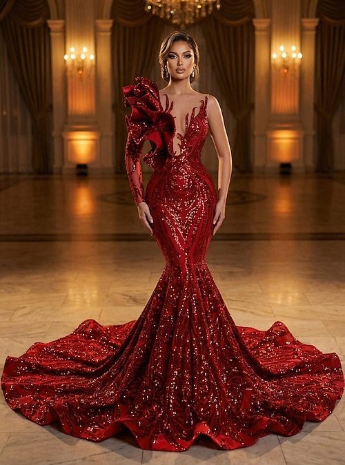 long sleeve red engagement dress Elegant Red Long Sleeve Off Shoulder Sequins Side Split Mermaid Long P –  Wish Gown main image 0