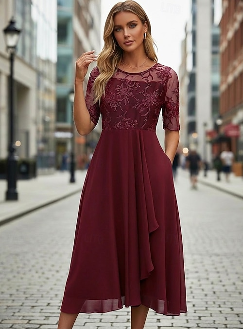 midi chiffon dresses for wedding guest V-Neck Midi Chiffon Wedding Guest Dresses with Ruffles Sleeve