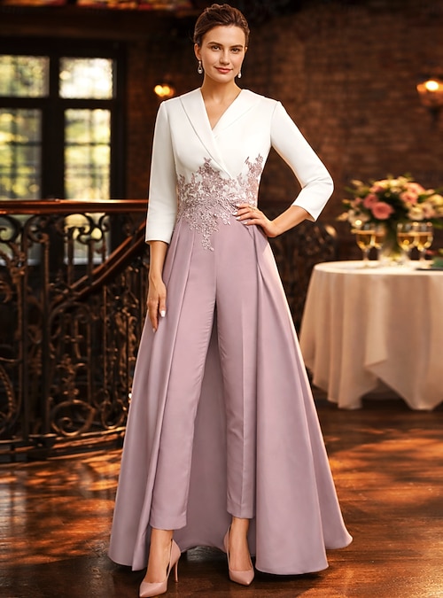 Two Piece Jumpsuit Pantsuit Ankle Length Mother of the Bride Dress 3/4  Length Sleeve V Neck Elegant Party Formal Wedding Guest Crepe Lace with  Appliques Color Block 2026 - $195.99