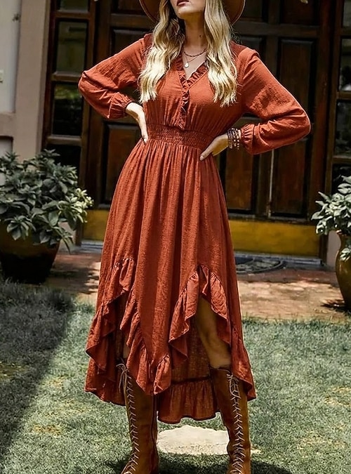 Women's Midi Dress Boho Dress Western Dress Fashion Modern Outdoor Vacation Holiday Regular Fit Plain Long Sleeve V Neck Orange Summer 2026 - $36.99 Women's Midi Dress Boho Dress Western Dress Fashion Modern Outdoor Vacation Holiday Regular Fit Plain Long Sleeve V Neck Orange Summer 2026 - $36.99