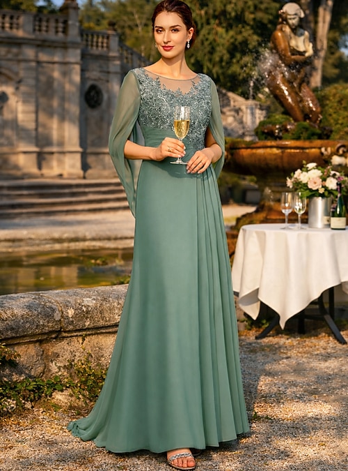 Sheath Column Dress Floor Length Wedding Guest Dress Formal Dresses Evening Gown Mother of the Bride Dress Half Sleeve Jewel Neck Elegant Formal Chiffon with Lace Side-Draped Solid Color 2026
