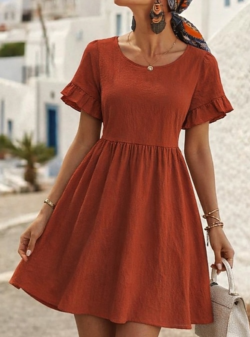 Women's Mini Dress Faux Cotton Linen A Line Dress Casual Daily Regular Fit  Plain Short Sleeve Crew Neck Red Summer Spring 2026 - $21.99