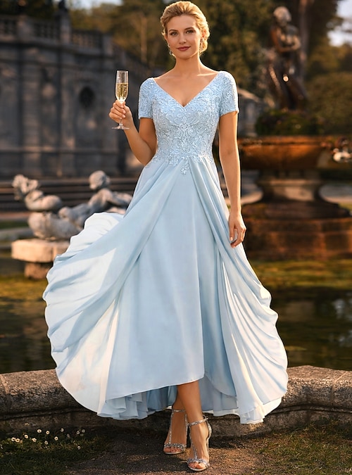 princess polly baby blue dress High-Quality Soft Fabric for Wedding Guests Mother of the Bride Dress Tea  Length Elegant A-Line Chiffon Gown with Scoop Neck 1/2 Sleeves & Lace  Appliques main image 1