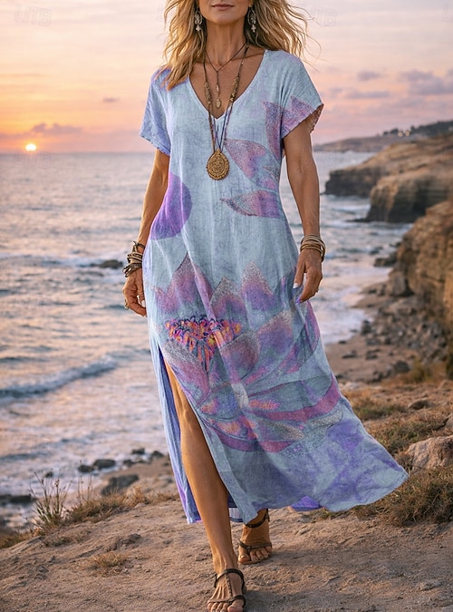 boho maxi dress nz Women's Maxi Dress Boho Dress Casual Dress A Line Dress Print Dress Vintage  Outdoor Beach Vacation Regular Fit Floral Short Sleeve V Neck Blue Pink  Purple Orange Summer Spring 2026