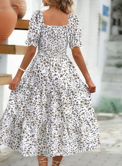 dress flowers casual BTFBM Women Spring Summer Dresses V Neck 3/4 Long Sleeve Ruffle Floral Flowy Boho Babydoll Mini Short Beach Falling to a flattering midi length Women's Floral Dresses