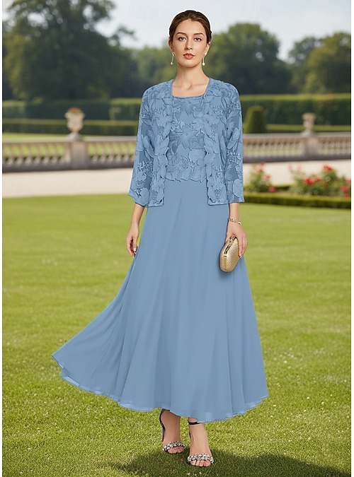 Two Piece Dress Sets Ankle Length Wedding Guest Dress Mother of the Bride  Dress Long Sleeve Crew Neck Elegant Wedding Guest Church Chiffon with Lace  Embroidery 2026 - GBP 163