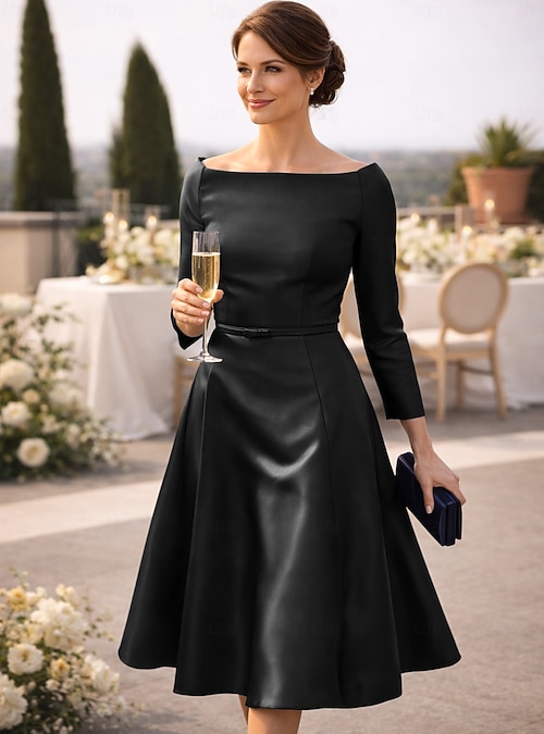 cocktail dresses classy party wear one piece dresses knee length A-Line Tea Length Knee Length Party Dress Cocktail Dress Wedding Guest Dress Mother of the Bride Dress Long Sleeve Jewel Neck Elegant Simple Wedding