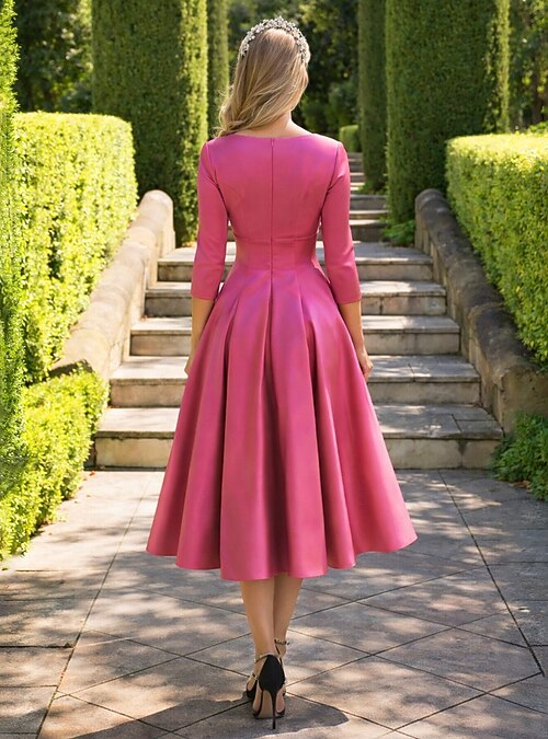 A-Line Tea Length Cocktail Dresses Party Dresses Elegant Minimalist 3/4  Length Sleeve Jewel Neck Wedding Guest Party Wear Fall Wedding Guest Satin  with Pleats 2026 - AU $226.49