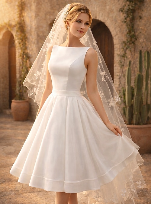 A-Line Knee Length Wedding Dresses Bridal Shower Dresses Bridal Gown Vintage 1940s / 1950s Little White Dresses Sleeveless Scoop Neck Graduation Birthday Satin with Bow(s) 2026 - $126.99 A-Line Knee Length Wedding Dresses Bridal Shower Dresses Bridal Gown Vintage 1940s / 1950s Little White Dresses Sleeveless Scoop Neck Graduation Birthday Satin with Bow(s) 2026 - $126.99