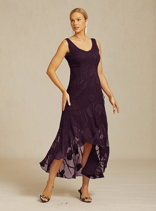 Women's Midi Dress Ruffle Dress Elegant Daily Vacation Wedding Guest Lace  Layered Regular Fit Floral Sleeveless Short Sleeve U Neck Plum 2026 - 77.99