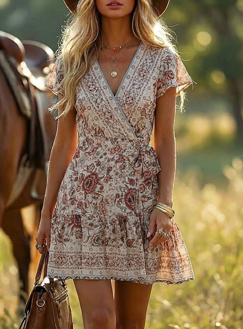 dressing boho chic for a tiny woman Boho Short Dress With Lace Up Sandals