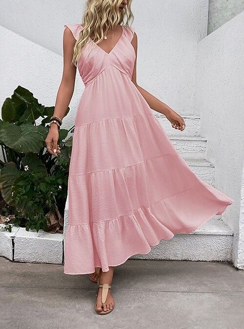 pink plain maxi dress Beyond Yoga Ribbed High Neck Maxi Dress