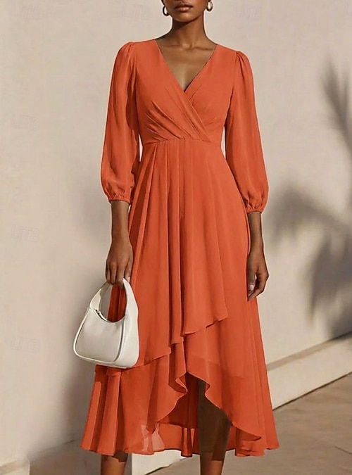 red chiffon swing dress Red Chiffon V-Neck Swing Dress - Midi A-Line