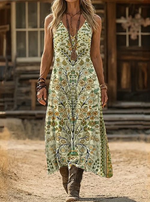 vintage style boho dresses Boho Style Leisure Vintage Fartey Maxi Dress for Women, V Neck Long Sleeve  Plus Size