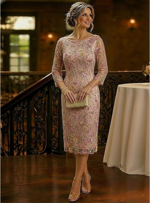 A-Line Sheath Column Tea Length Knee Length Mother of the Bride Dress 3/4 Length Sleeve Boat Neck Elegant Vintage Sparkle & Shine Formal Wedding Guest Semi Formal Lace with Beading Sequin 2026 - A-Line Sheath Column Tea Length Knee Length Mother of the Bride Dress 3/4 Length Sleeve Boat Neck Elegant Vintage Sparkle & Shine Formal Wedding Guest Semi Formal Lace with Beading Sequin 2026 -