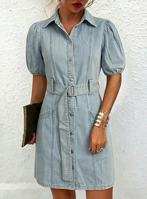 women summer casual denim dresses pockets Women Denim Shirt Dress Classic Short Sleeve Belted Button up Jean Dresses  Summer Casual Midi Dress with Pockets-Dark Blue|XL at Amazon Women's  Clothing store