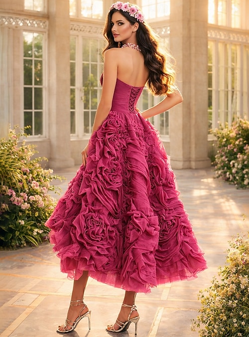 A-Line Ankle Length Prom Dresses Floral Puffy Sleeveless Strapless Garden Party Wedding Guest Tulle Backless with Ruched 2026