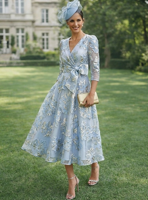 floral ankle length dresses Floral A-Line Prom Dress, V-Neck with Sleeves Ankle Length