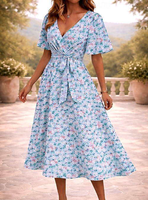 Women's Midi Dress A Line Dress Bandage Dress Ruffle Dress Vacation Casual Flare Cuff Sleeve Holiday Date Regular Fit Floral Graphic Short Sleeve V Neck Blue Sky Blue Orange Green Summer Spring Women's Midi Dress A Line Dress Bandage Dress Ruffle Dress Vacation Casual Flare Cuff Sleeve Holiday Date Regular Fit Floral Graphic Short Sleeve V Neck Blue Sky Blue Orange Green Summer Spring