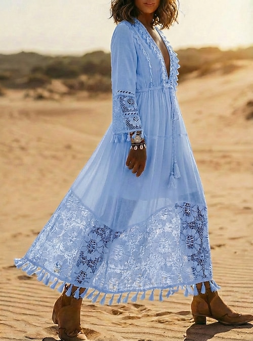 loose fitting lace dress Fesfesfes Spring Summer V-Neck Lace Dress, Women's Short Sleeve Solid Color Casual Dress, Elegant Loose Fit Lace Spliced Dress, Lightweight Daily Work