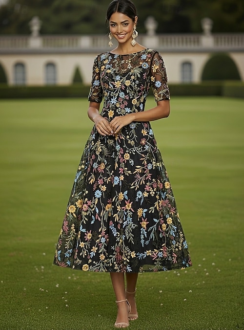 a line dress nz A-Line Tea Length Cocktail Dress Wedding Guest Dress Mother of the Bride Dress Half Sleeve Crew Neck Elegant Casual Formal Kentucky Derby Semi Formal Tulle with Embroidery Appliques 2026 Mix it with the Cartamodello per abito Elegant Red Long Sleeve Color:NAVY-2