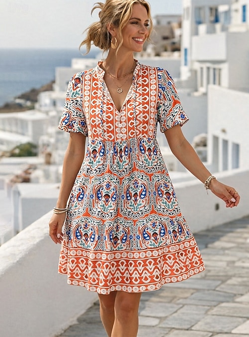 knee length boho summer dress Women's Knee Length Dress Boho Dress Shirt Dress Elegant Bohemia Ethnic  Beach Holiday Loose Fit Graphic Geometric Short Sleeve Stand Collar Blue  Pink Orange Summer Spring 2026