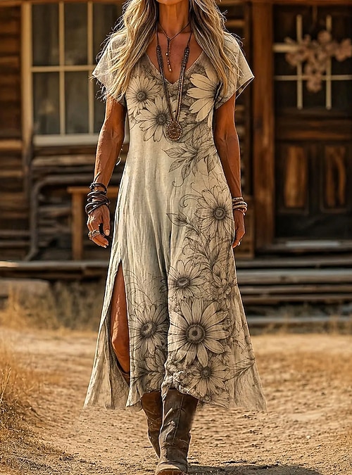 midi dress for festival Floral Boho Midi Dress, Deep V Neck Bohemian Dress, Festival Midi Dress Women, Ibiza Summer Dress, Goddess Boho Dress
