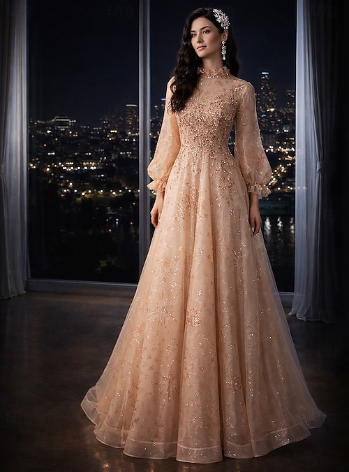 A-Line Floor Length Prom Dresses Elegant Glittering Long Sleeve High Neck Wedding  Guest Engagement Tulle with Sequin 2026 - $149.99