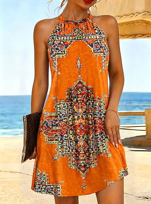 Women's Knee Length Dress A Line Dress Summer Dress Vacation Casual Regular  Fit Graphic Boho Paisley Damask Sleeveless Halter Neck Red Purple Orange  Green Summer Spring 2026 - kr.349