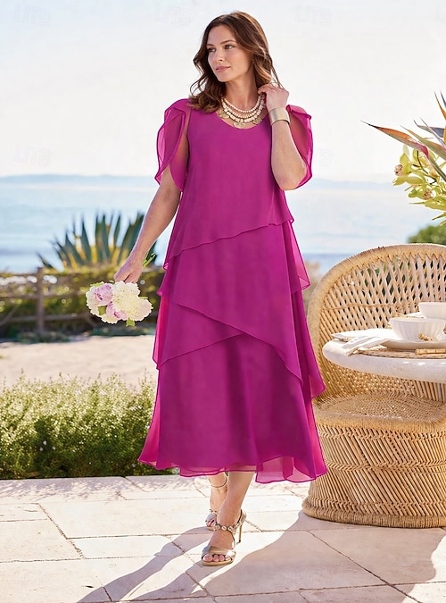 Women's Midi Dress Chiffon Dress Elegant Daily Outdoor Vacation Loose Fit Plain Short Sleeve Crew Neck Maroon Fuchsia Summer 2026 - GBP 43 Women's Midi Dress Chiffon Dress Elegant Daily Outdoor Vacation Loose Fit Plain Short Sleeve Crew Neck Maroon Fuchsia Summer 2026 - GBP 43