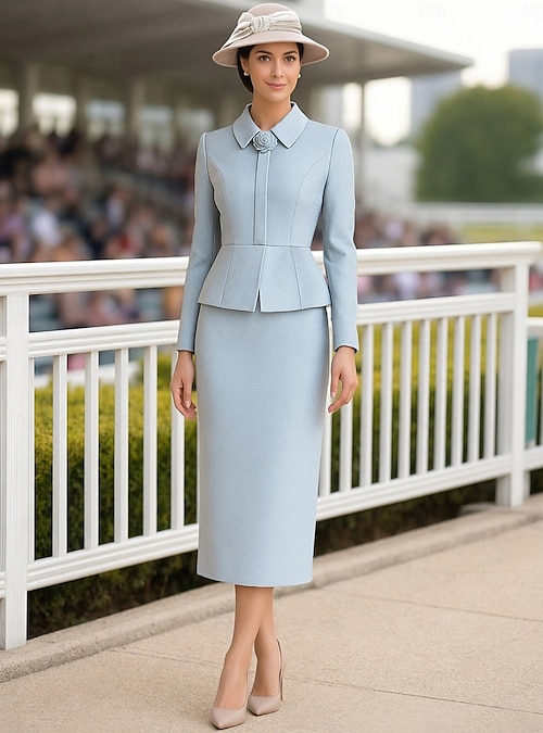 Sheath Column Tea Length Party Dress Cocktail Dress Wedding Guest Dress Mother of the Bride Dress Long Sleeve Shirt Collar Elegant Vintage Formal