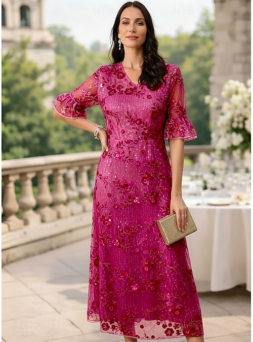 formal dress 意味 A-Line Ankle Length Wedding Guest Dress Evening Gown Mother of the Bride  Dress Half Sleeve V Neck Elegant Simple Embellished Formal Wedding Guest  Kentucky Derby Chiffon with Floral Print Sequin 2026 -