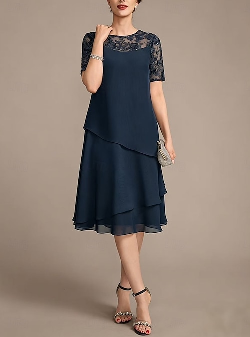 Women's Knee Length Dress Chiffon Dress Lace Dress Casual Dress Elegant  Fashion Modern Outdoor Vacation Party Regular Fit Plain Short Sleeve Crew  Neck Blue Champagne Burgundy Navy Blue Summer Spring 2026 - $41.99