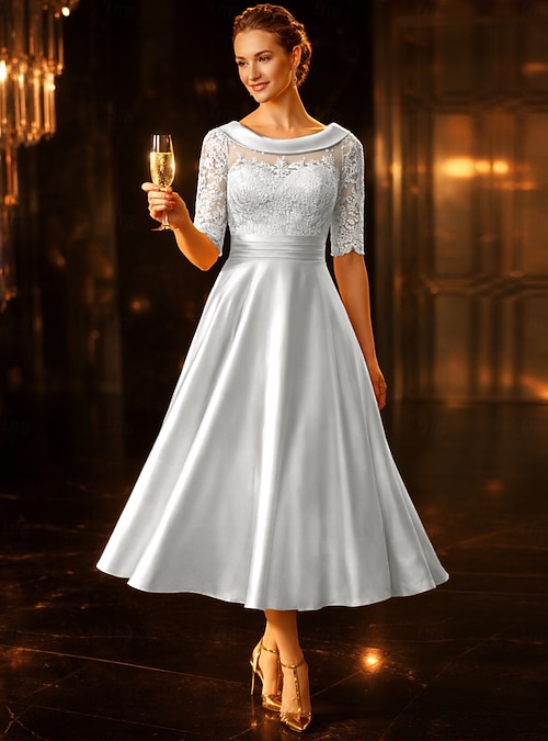 A-Line Tea Length Party Dress Cocktail Dress Wedding Guest Dress Mother of  the Bride Dress Half Sleeve Scoop Neck Elegant Vintage Wedding Guest Satin  Lace with Ruched Appliques 2026 - 108.99