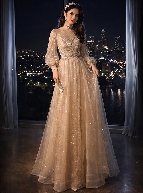 A-Line Floor Length Prom Dresses Cute Fairy Long Sleeve Jewel Neck Prom  Wedding Guest Tulle with Sequin Appliques 2026 - $126.99