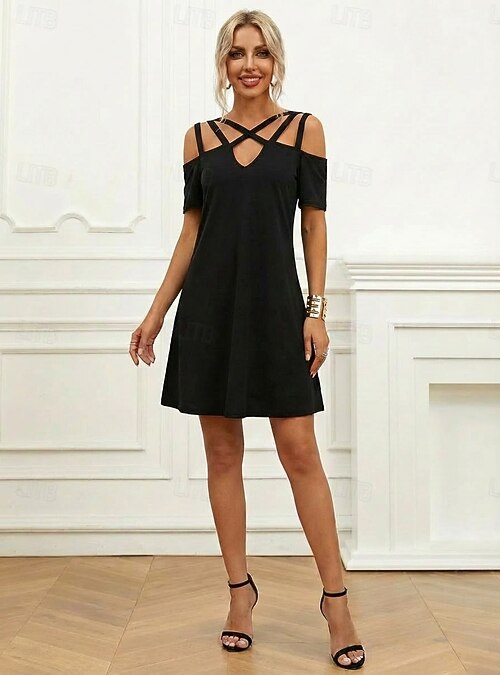 Women's Mini Dress Black Dress Cocktail Dress Formal Dresses Elegant Modern  Party Holiday Weekend Regular Fit Plain Short Sleeve V Neck Black Summer  Spring 2026 - $33.99