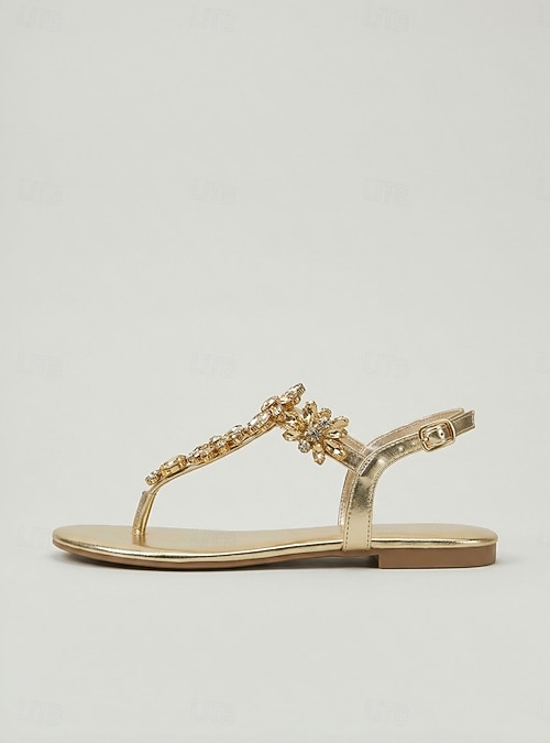 gold dress flat sandals Women's Crystal Sandals, Open Toe T-Strap Evening Shoes for Resort Dinner, Vacation & Summer Evening Events modest prom dress