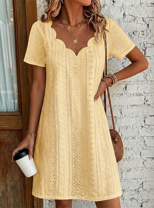 Women's Knee Length Dress White Dress Summer Dress Eyelet Dress Elegant Fashion Modern Beach Vacation Holiday Regular Fit Plain Short Sleeve V Neck Blue White Yellow Pink Summer Spring 2026 - CAD $33.99 Women's Knee Length Dress White Dress Summer Dress Eyelet Dress Elegant Fashion Modern Beach Vacation Holiday Regular Fit Plain Short Sleeve V Neck Blue White Yellow Pink Summer Spring 2026 - CAD $33.99