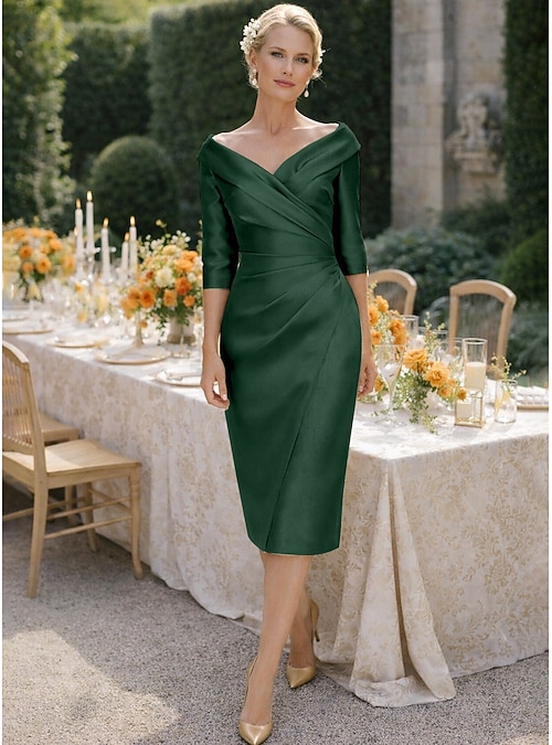 Sheath Column Tea Length Party Dress Cocktail Dress Wedding Guest Dress Mother of the Bride Dress Half Sleeve V Neck Elegant Vintage Luxurious Formal Sheath Column Tea Length Party Dress Cocktail Dress Wedding Guest Dress Mother of the Bride Dress Half Sleeve V Neck Elegant Vintage Luxurious Formal