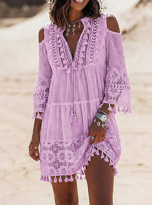boho lace summer dress Ethereal Floral A-Line Sheer Long Sleeve Boho Lace Summer Wedding Dress Beach Whimsical Modern V-Neck Low Back Appliques Bridal Gown