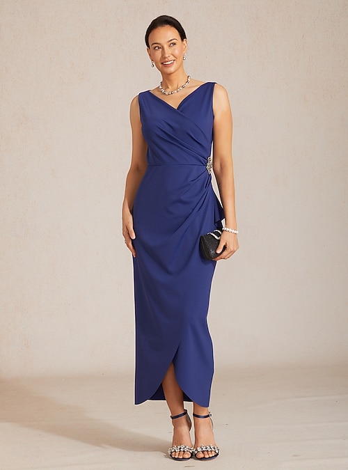 Women's Midi Dress Sheath Dress Elegant Evening Party Wedding Guest Ruched Split Solid Color Sleeveless V Neck Navy Blue 2026 - $179.99 Women's Midi Dress Sheath Dress Elegant Evening Party Wedding Guest Ruched Split Solid Color Sleeveless V Neck Navy Blue 2026 - $179.99