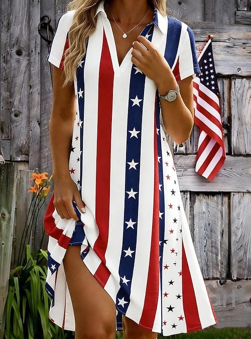 american flag mini dress American Independence Day Women's Mini Dress A Line Dress Vacation Casual Beach Regular Fit Graphic Flag Short Sleeve V Neck White Red Beige Summer