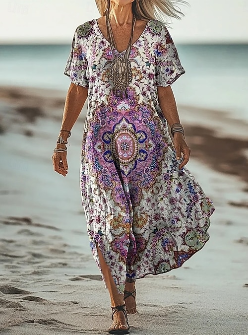 Women's Maxi Dress Sundress T Shirt Dress Tee Dress A Line Dress Vacation Casual Beach Going out Loose Fit Floral Graphic Tribal Short Sleeve V Neck