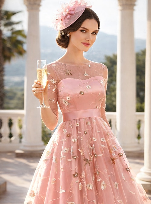 A-Line Knee Length Prom Dresses Floral Fairy Half Sleeve Jewel Neck Garden  Party Wedding Guest Tulle with Embroidery Appliques 2026 - $87.99