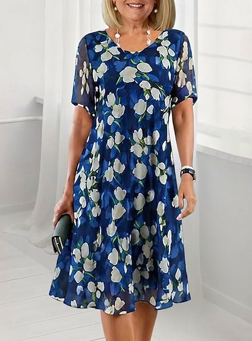floral chiffon knee length dress Floral Sheer Chiffon Knee-Length A Line Dress msglamor