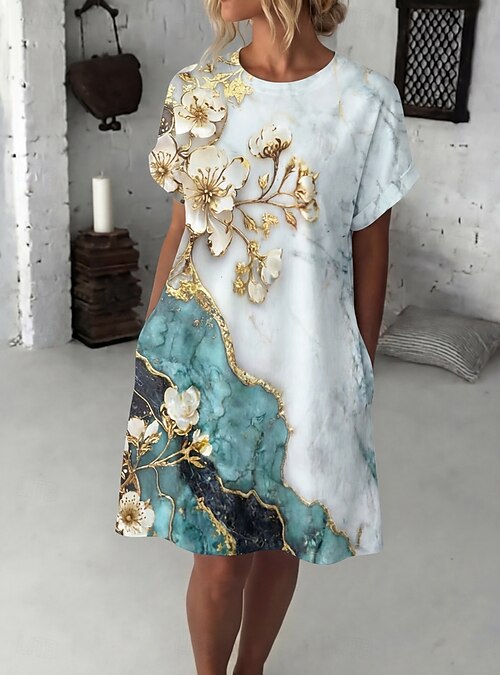 knee length casual floral dresses Women's Dress Dress Dress Elegant Fashion Modern Daily Outdoor Vacation Regular Fit Floral Graphic Short Sleeve Crew Neck Blue Summer Spring 2026 knee length summer floral dress