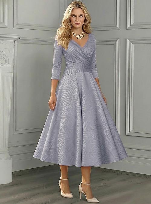 A-Line Ankle Length Tea Length Formal Dresses Mother of the Bride Dress 3/4  Length Sleeve V Neck Elegant Vintage Casual Formal Satin Jacquard with  Pleats 2026 - $171.99