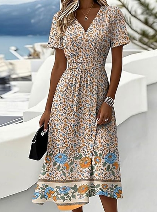 casual boho midi dress Women's Midi Dress A Line Dress Vacation Casual Boho Regular Fit Floral  Graphic Short Sleeve V Neck Blue Pink Orange Green Summer Spring 2026