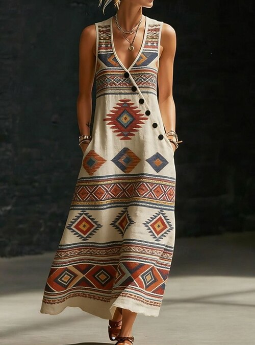 Women's Maxi Dress Sundress Casual Dress A Line Dress Elegant Vacation Stylish Beach Holiday Regular Fit Graphic Paisley Abstract Sleeveless V Neck Red Brown Beige Summer Spring 2026
